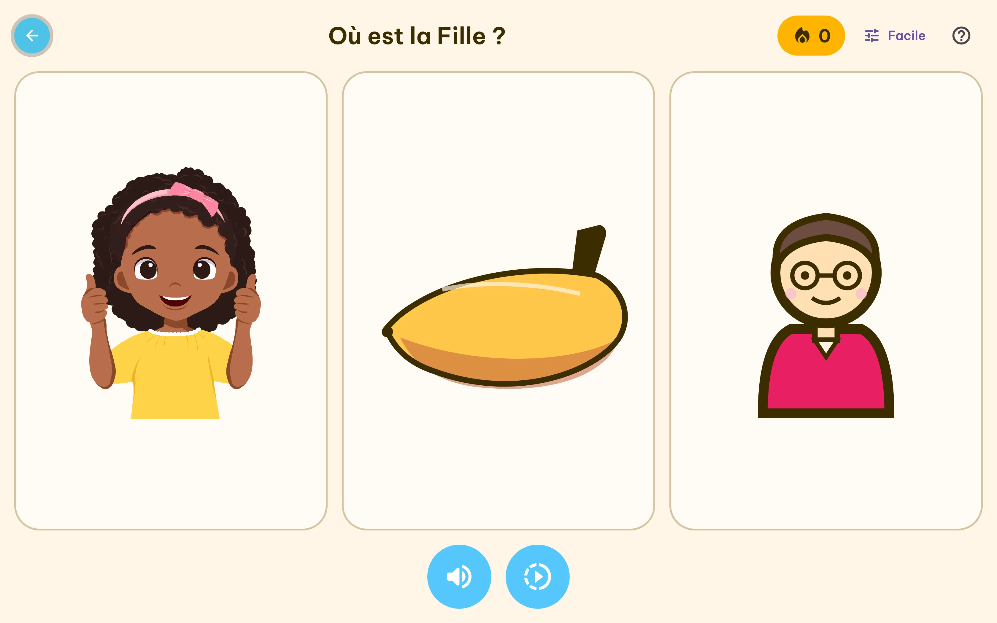Find-the-word game: a spoken word with three illustrations to choose from