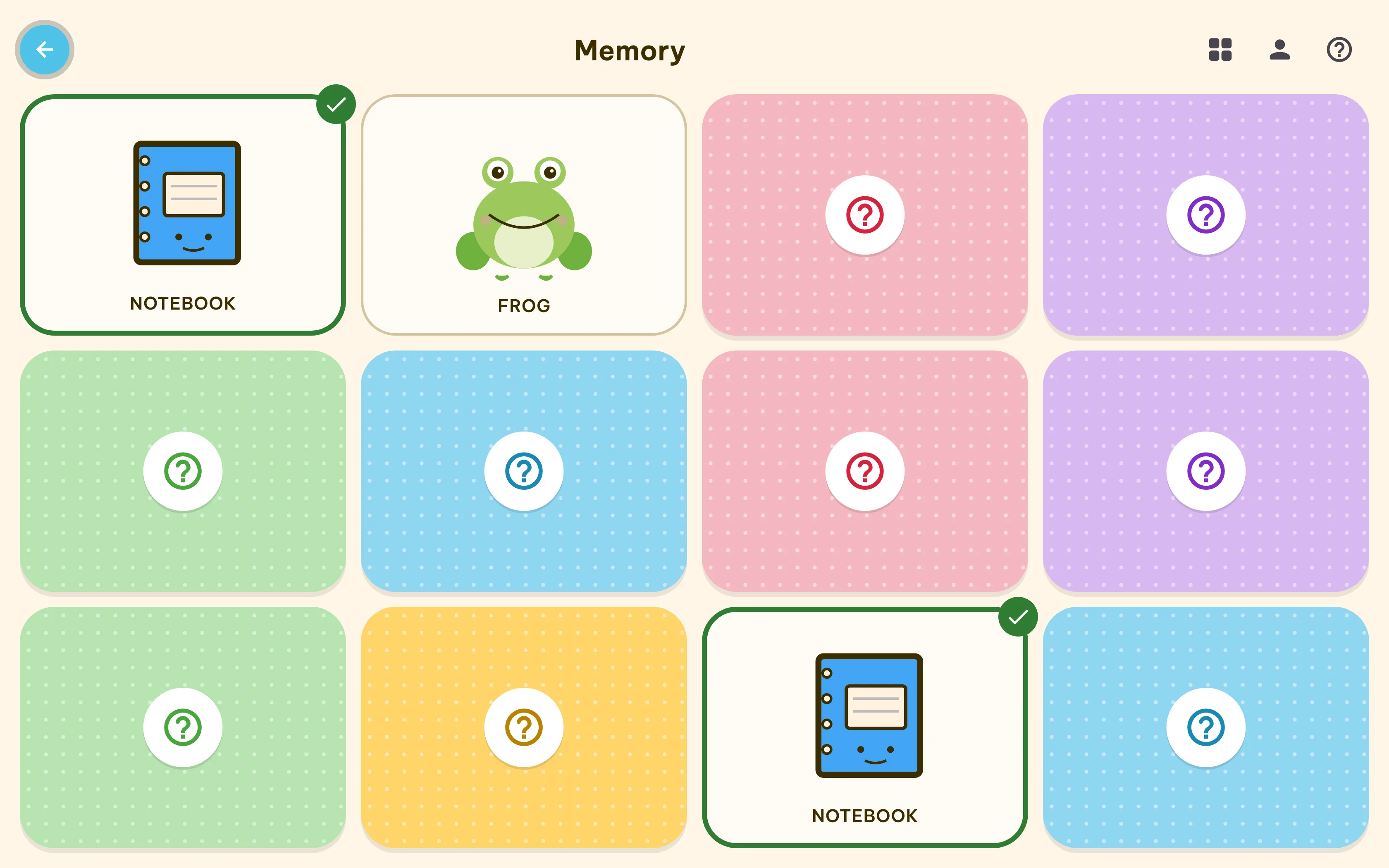Memory match game: a grid of illustrated tiles with a matched pair revealed