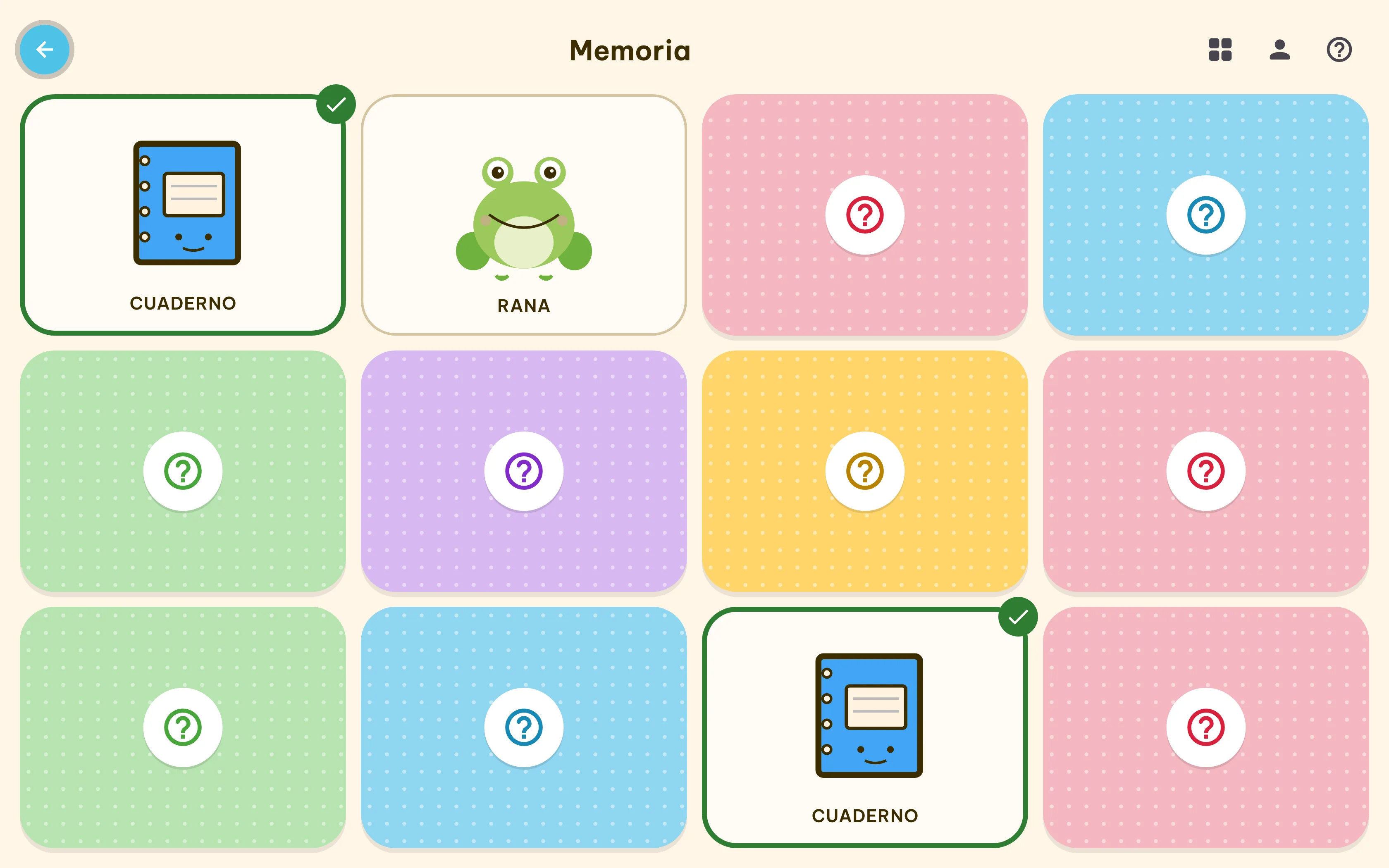 Memory match game: a grid of illustrated tiles with a matched pair revealed