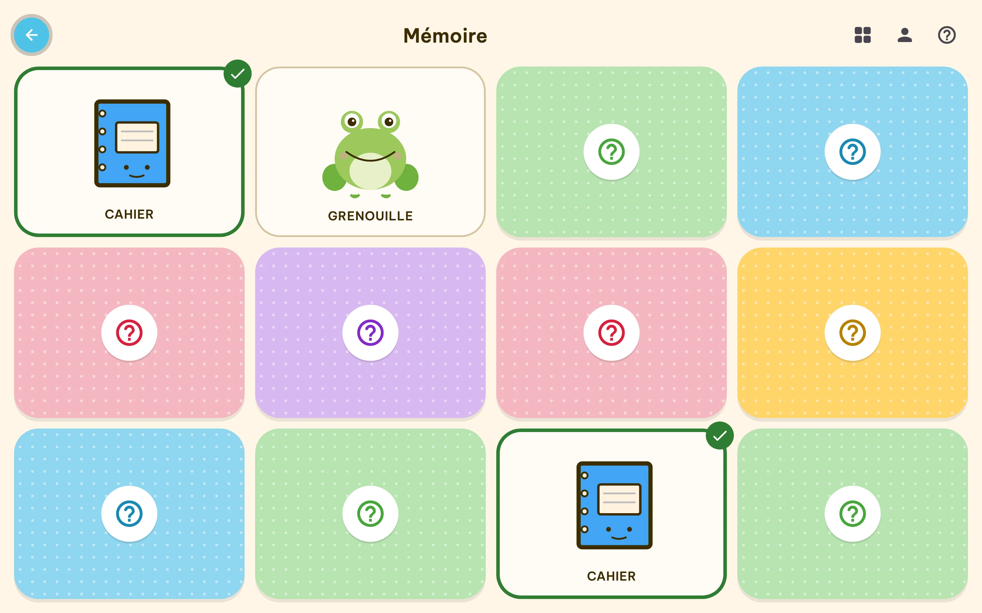 Memory match game: a grid of illustrated tiles with a matched pair revealed