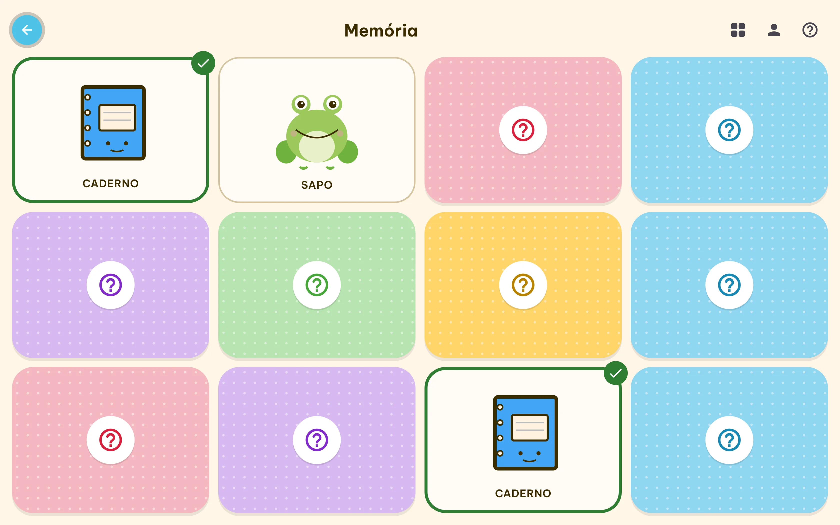 Memory match game: a grid of illustrated tiles with a matched pair revealed