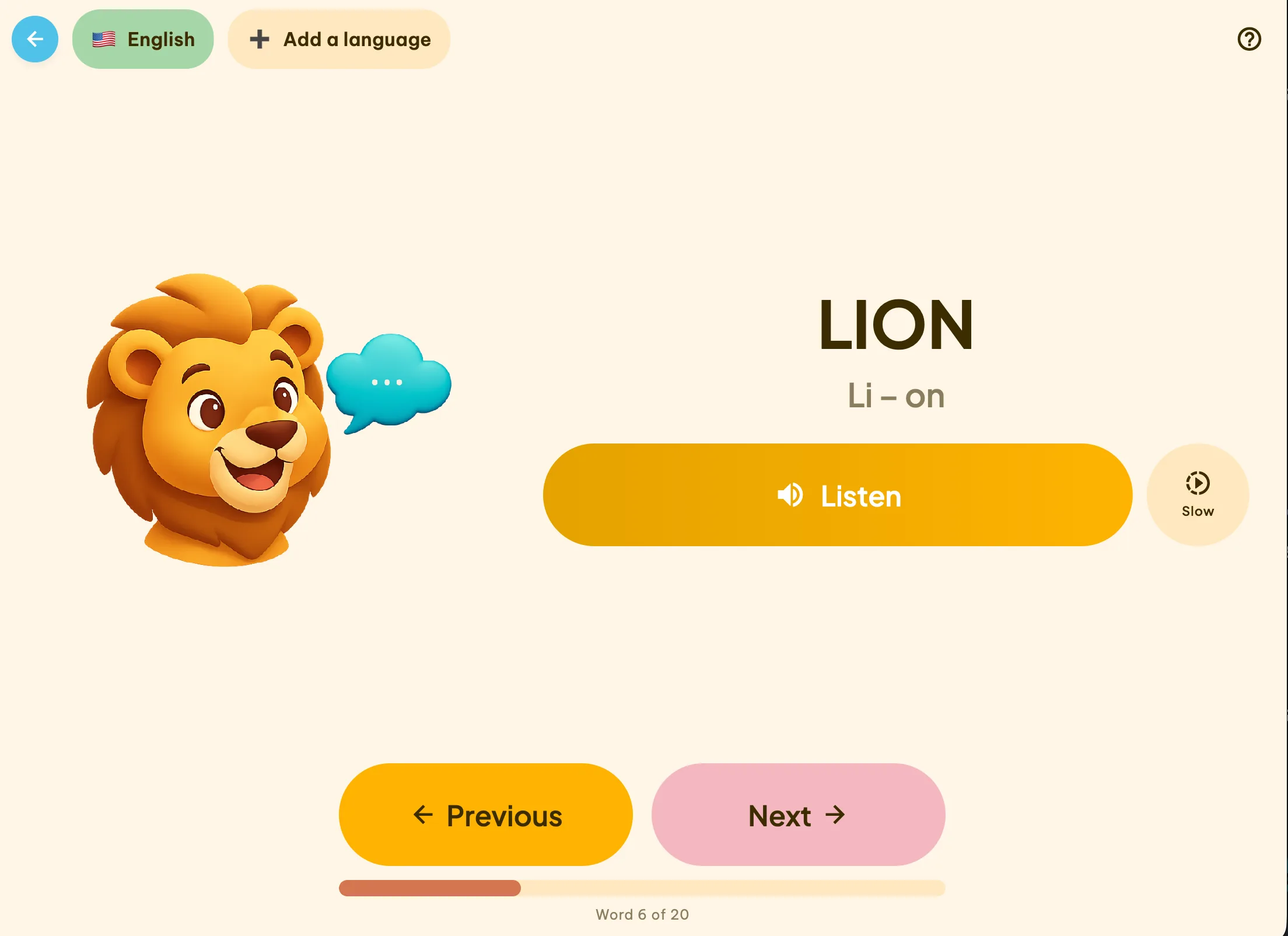 Word card screen: a word shown large with its illustration, syllable breakdown and a listen button