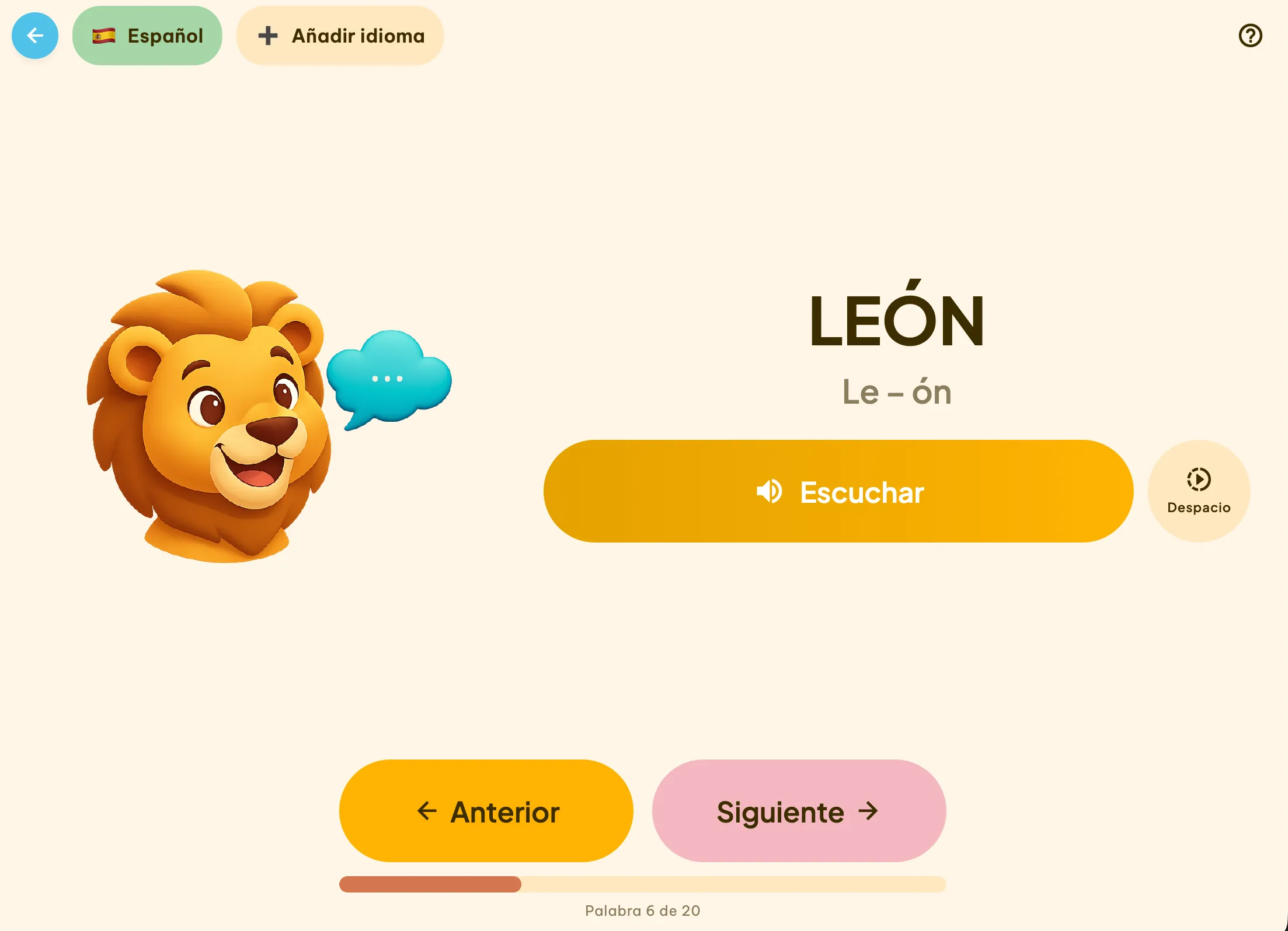 Word card screen: a word shown large with its illustration, syllable breakdown and a listen button
